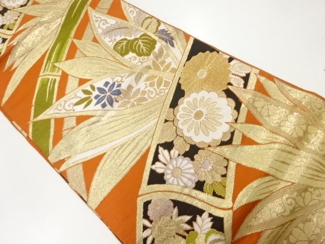 JAPANESE KIMONO / ANTIQUE FUKURO OBI / SILK / WOVEN BAMBOO & FLOWER